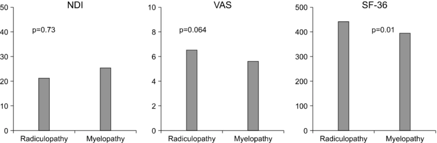 Fig.  2.  Comparison  of  the  mean  values  of  NDI,  VAS,  SF-36  according  to  the  diagnosis.