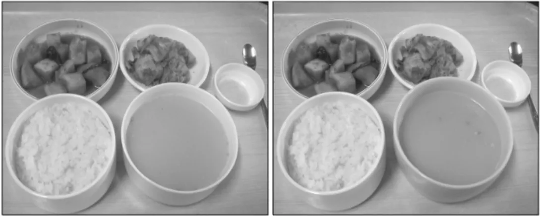 Figure  2. Pictures  of  250  g  beef  shank  soup  in  normal  soup  bowl  (left)  and  180 g beef shank soup  in  modified  soup  bowl  (right).