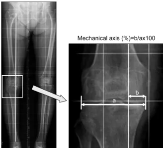 Fig.  1. The extent  of varus deformity shown on  the  preoperative ortho-roentgenogram  was  evaluated  by  percentile  denotation  [(b/a)×100]