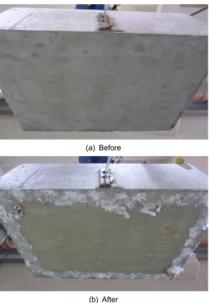 Fig. 6. Surface of SP1 concrete block before and after fire  test under ISO834 fire curve