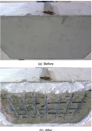Fig. 10. Surface of SP3 concrete block before and after fire  test under RABT fire curve