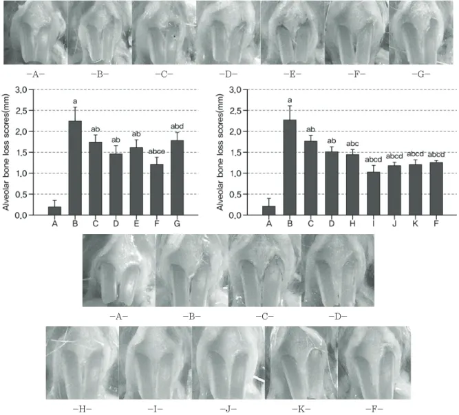 Figure  2.  Representative  gross  images  of  ligation  placed  regions  and  changes  on  the  alveolar  bone  loss  scores  after  10  days  oral  treatment  of  single  or  mixed  formulas  of  Polycan  and  calcium  gluconate  in  EPD  rats A: Intact 