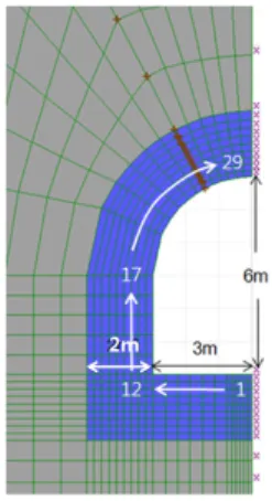 Fig. 2. Model mesh, geometry of the tunnel and boundary condition