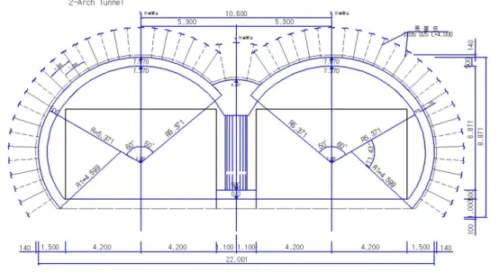 Fig. 6. Reinforcement pattern in the 2-arch tunnelling method 유리할 수 있다.  오목형의 암주를 적용하는 지반은  대부분 지반에 적용하기 쉬운 원형 또는 타원형의  구조물로 아칭효과를 최대한 활용하여 경제적 비용을  줄이면서,  지하공간을 지반의 상태에 상관없이 적용 할 수 있을 것으로 판단된다