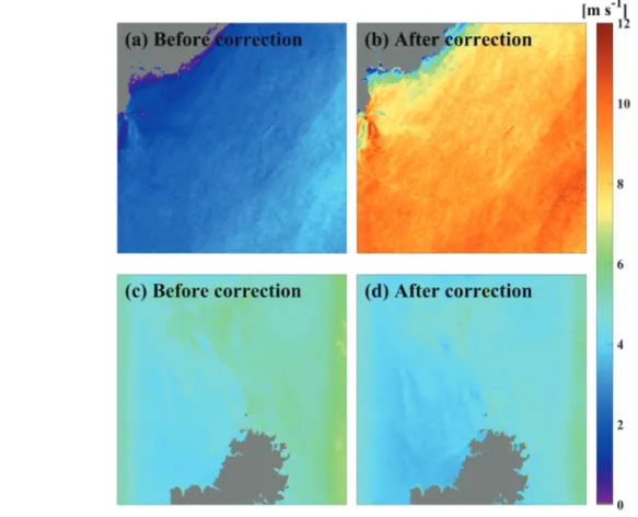 Fig. 10.  Distribution of estimated wind speed derived from original KOMPSAT-5 NRCS and corrected KOMPSAT-5 NRCS in the coastal region around the Korean Peninsula on (a, b) 5 August 2017 at 21 UTC and (c, d) 3 June 2017 at 09 UTC.