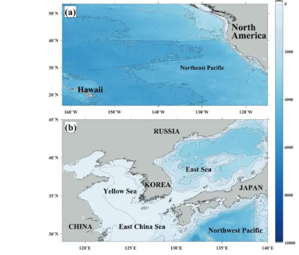 Fig. 1.  Location of study area for (a) calculating the correction equation of backscattering coefficient and (b) validation of the equation with contours of the water depth (m), respectively.