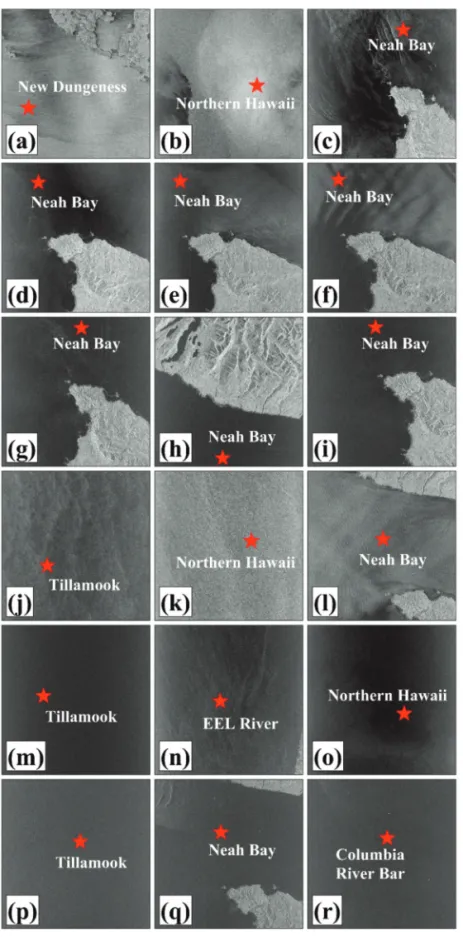 Fig. 3.  A series of KOMPSAT 5 VV pol images used for calculating the correction equation of backscattering equation, where (a) to (r) correspond to the images listed in Table 1 and the red stars represent the buoy stations for retrieval of theoretical bac