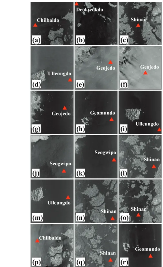 Fig. 4.  A series of KOMPSAT 5 VV pol images used for validation of the correction equation, where (a) to (r) correspond to the images listed in Table 2 and the red stars represent the buoy stations for the validation of the estimated wind speed.