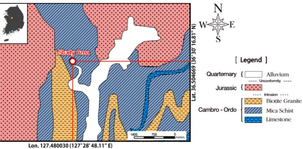 Fig. 1. Regional geologic map of the study area (from Lee et al., 1997)원인이 된다. Santi (2006)는 현장에서 저변성퇴적암 등 연약암의 특성을 기재하여 분류할 수 있는 기준과 적절한 시험방법을 제시하였으며,  미국 내에서 연약암이 분포하는 지도,  암석종류 및 공학적 특성을 정리하여 발표하였다