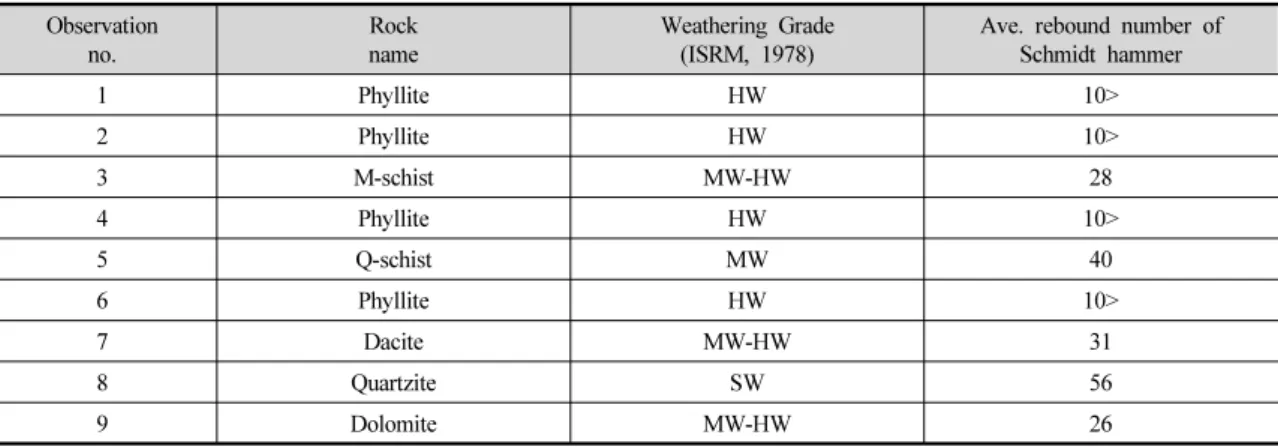 Table 1. Rock name, weathering grade and average rebound number of Schmidt hammer determined in the field survey  Observation  no