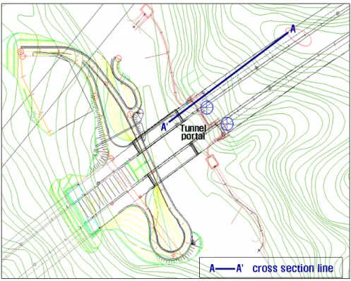 Fig. 8. Cross section line selected for slope stability analysis of a portal slope Table 3