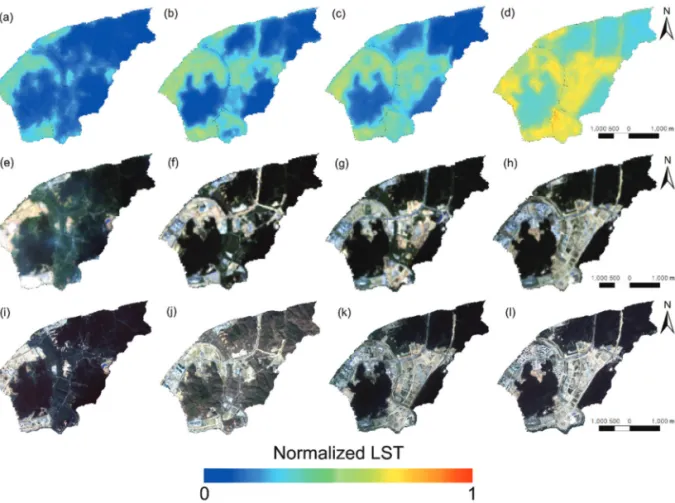 Fig. 7.  Case study 2: Spatial distribution of normalized LST, Landsat 8 and KOMPSAT RGB images in 2013 (a,e,i), 2015 (b,f,j), 2016 (c,g,k), 2018 (d,h,l).
