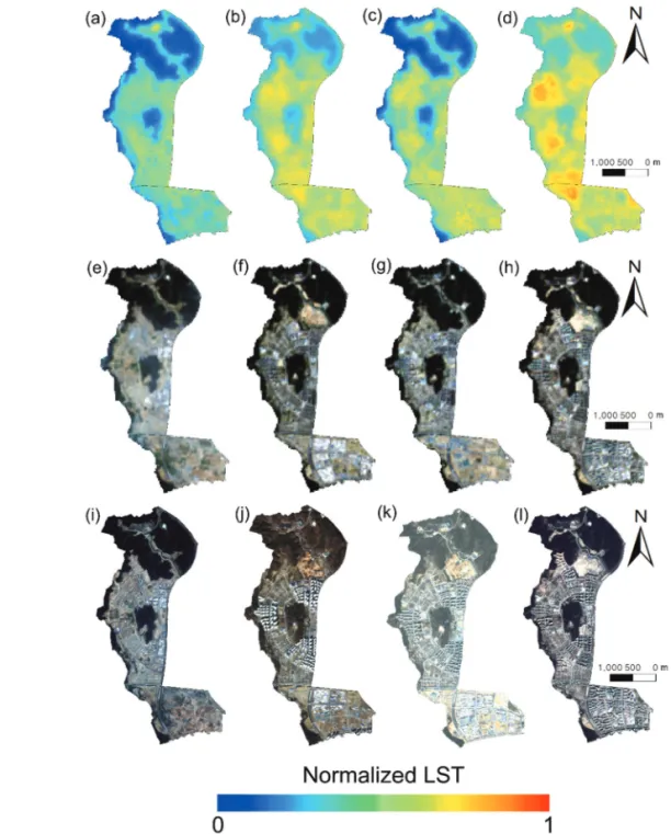 Fig. 6.  Case study 1: Spatial distribution of normalized LST, Landsat 8 and KOMPSAT RGB images.