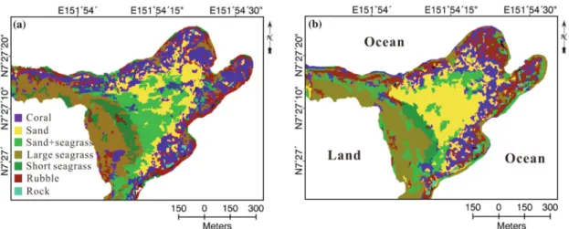 Fig. 3 shows 2008 (Fig. 3(a)) and 2010 (Fig. 3(b)) coral reef habitat maps for the study area