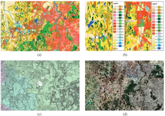 Fig. 3.  Experimental region data: (a) subdivided land cover map, (b) examples of subdivided legend data for some regions, (c) serial cadastral map, and (d) orthoimage.