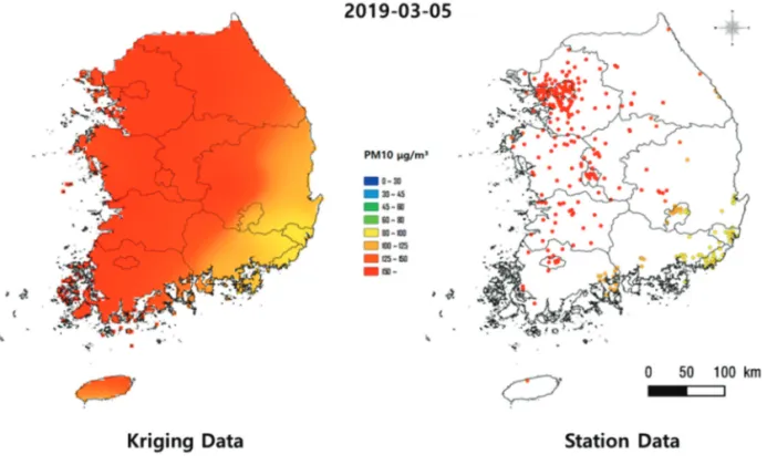 Fig. 10.  Comparison between kriging and in-situ PM10 concentrations in March 2019.