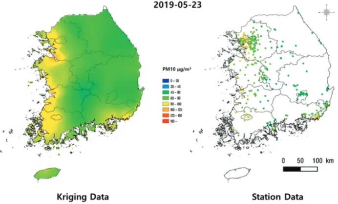 Fig. 12.  Comparison between kriging and in-situ PM10 concentrations in May 2019.