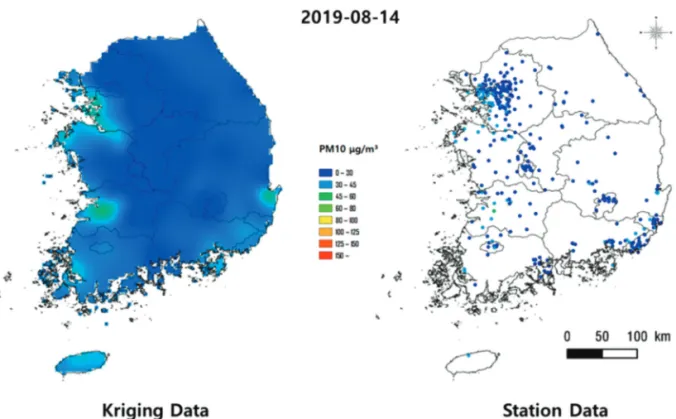 Fig. 15.  Comparison between kriging and in-situ PM10 concentrations in August 2019.
