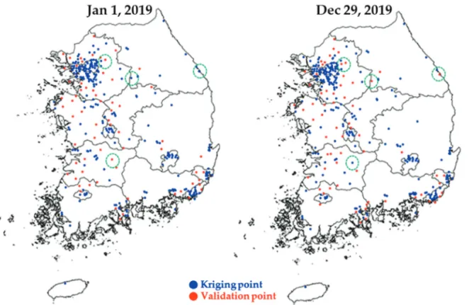 Fig. 2.  Examples of the kriging and validation points for Air Korea. Random 20% points were assigned to validation for every 365 day in 2019.