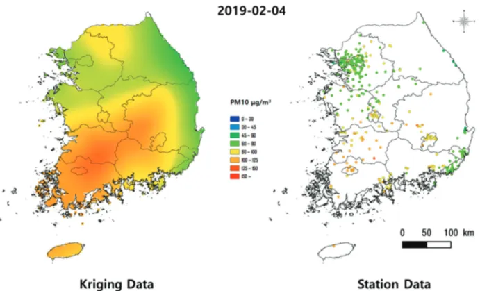 Fig. 9.  Comparison between kriging and in-situ PM10 concentrations in February 2019.