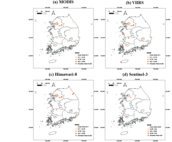 Fig. 9.  Map of the root mean square error between satellite AOD and AERONET observations.