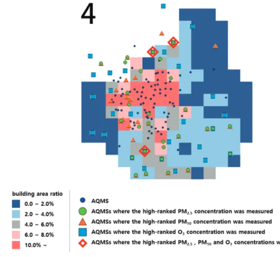Fig. 5.  Distribution of the building ratios and the AQMS where high-ranked PM 2.5 , PM 10 , and O 3 concentrations were measured.