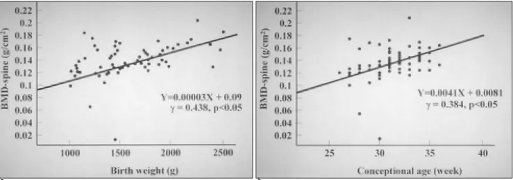 Fig. 2. Correlation of lumbar spine-BMD with birth weight (A) and conceptional age (B)