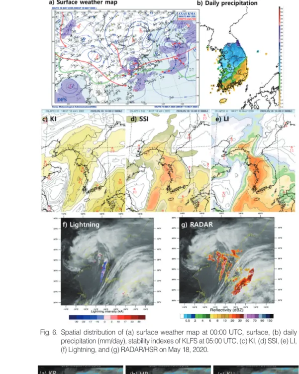 Fig. 7.  Spatial distribution of thunderstorm detection results (a) KR, (b) HR, and (c) KU at 05:00 UTC (daytime) on May 18, 2020