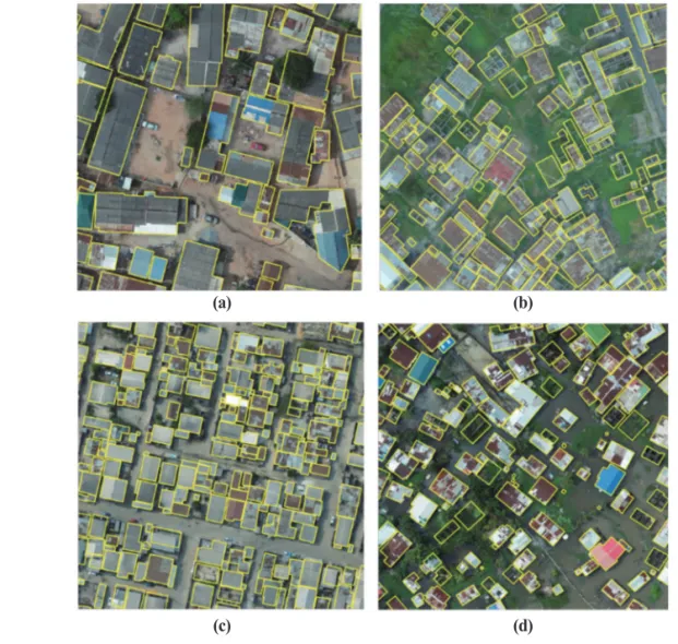 Fig. 1.  Sample Images of the OpenCitiesAI dataset corresponding to the four different sites: (a) Accra, Ghana; (b) Dar es Salaam, Tanzania; (c) Pointe Noire, Rep