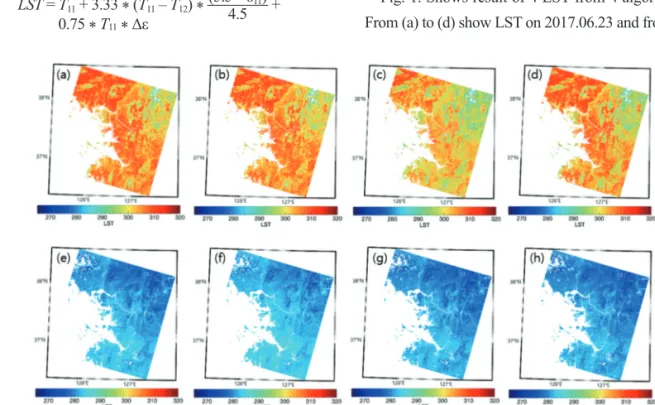 Fig. 1.  Result of LST by split window method algorithms (a) Price (2017.06.23), (b) Becker et al (2017.06.23), (c) Prata (2017.06.23), (d) Coll et al