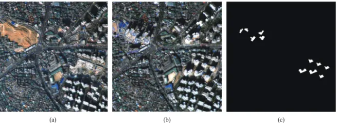 Fig. 9.  Example of dataset showing (a) input image for Area 1 (March, 2014), (b) input image for Area 1 (October, 2015), and (c) its ground truth for Area 1.
