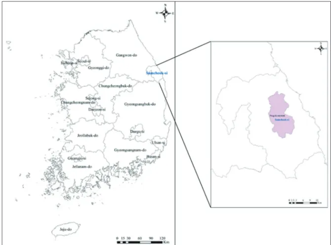 Fig. 1.  Study site of forest wildfire area in Pinus densiflora, Samchuk, Gangwon province.