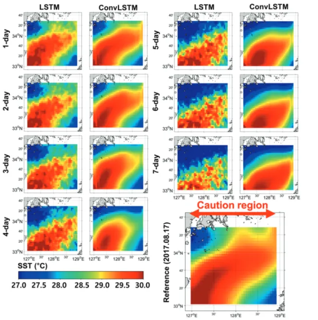 Fig. 8.  Sea surface temperature prediction with multi lead times using LSTM and ConvLSTM for the ocean heat wave case on 2017/08/17