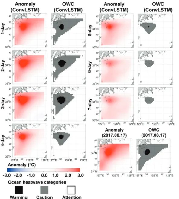 Fig. 10.  Spatial distribution of the SST anomaly and ocean heatwave category (OWC) for ConvLSTM.
