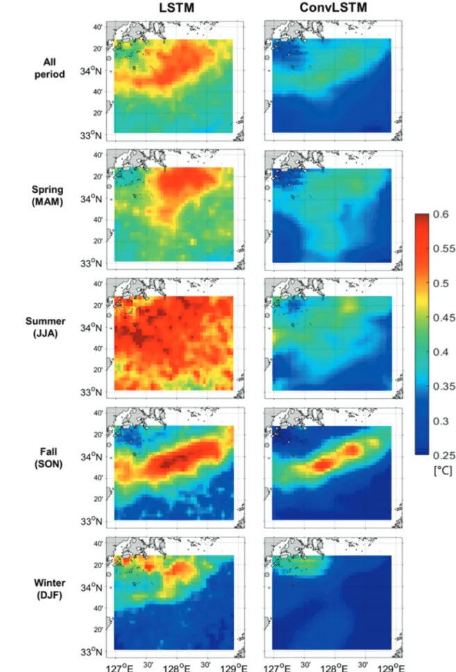 Fig. 5.  Spatial distribution of RMSEs and their seasonal patterns using the 1-day prediction model.