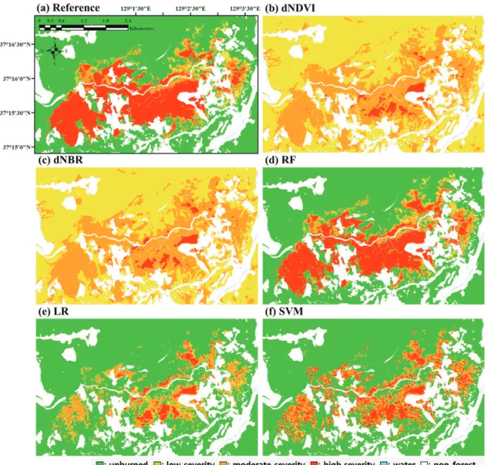 Figure 3.  Wildfire severity maps of 2017 Samcheok case: (a) reference data, (b) difference of Normalized Difference Vegetation Index, (c) difference of Normalized Burn Ratio, (d) random forest, (e) logistic regression, and (f) support vector machine