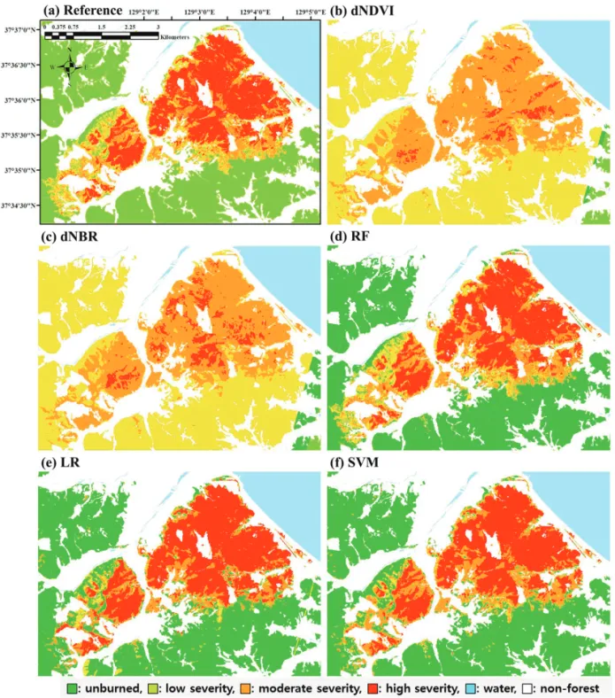 Figure 4.  Wildfire severity maps of 2019 Gangreung·Donghae case: (a) reference data, (b) difference of Normalized Difference Vegetation Index, (c) difference of Normalized Burn Ratio, (d) random forest, (e) logistic regression, and (f) support vector mach
