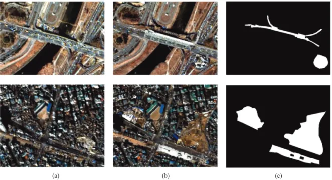 Fig. 3.  Examples of KOMPSAT-3/3A satellite training dataset: (a) Image before change, (b) image after change, (c) reference data.