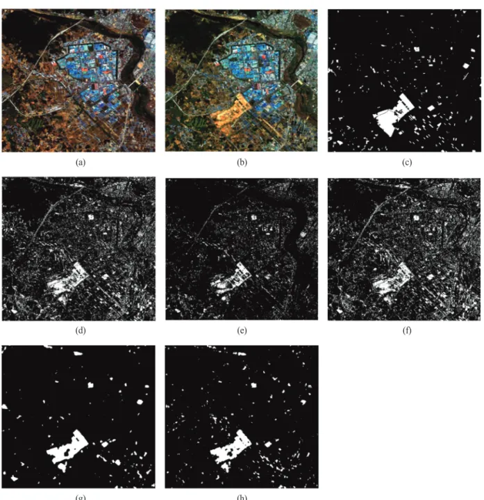 Fig. 5.  Change detection results : (a) WorldView-3 image (2017/05/26), (b) WorldView-3 image (2018/05/04), (c) reference data, (d) result by CVA, (e) result by IRMAD, (f) result by PCA, (g) result by UNet++ (BCE), (h) result by UNet++