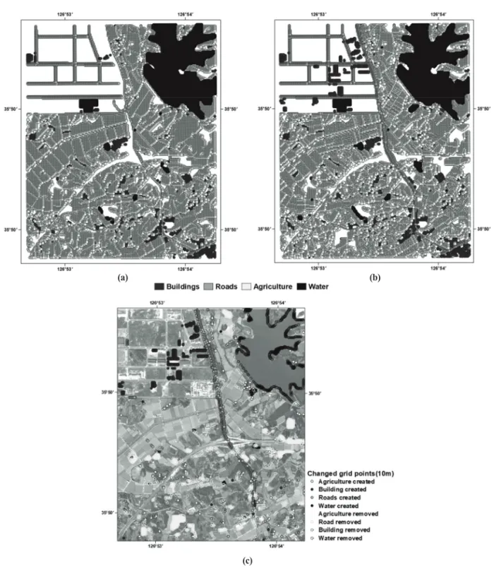 Fig. 5.  10 m grid points based on four class of seamless digital map. (a) grid points in 2015 (b) grid points in 2018 (c) difference in each grid points.