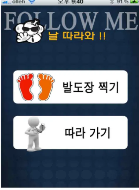 그림 7과 그림 8에 의해 사용자가 지나온 길과 메모를 남 긴 위치는 아이폰의 화면을 눕힘으로 UIAccelerometer를 사용하여 그림 9와 같이 지도에서 확인할 수 있다.