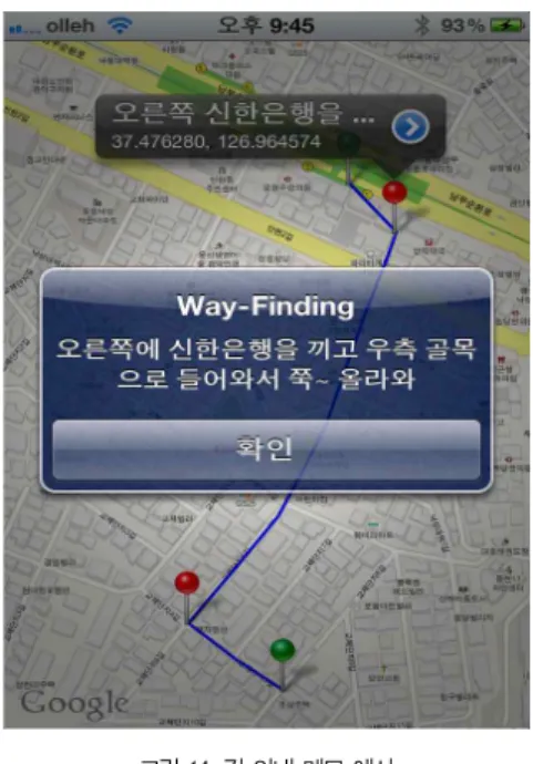 그림 13. Google 지도에서의 길 안내 예시 Fig. 13. Way-finding example of Google Map
