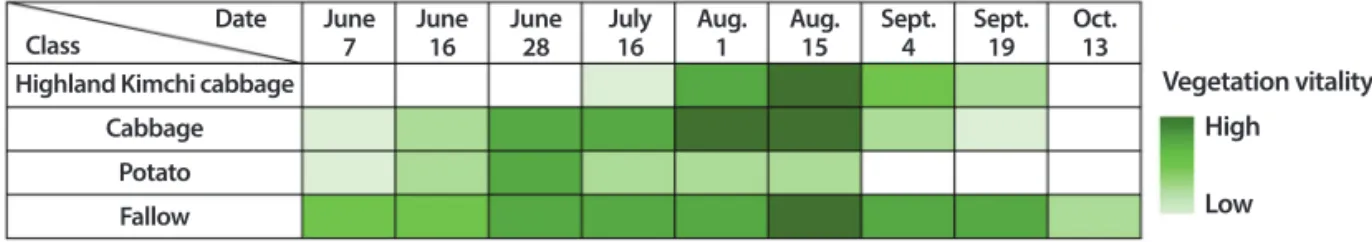Fig. 4.  Vegetation vitality and growth cycles of crops in the study area based on field surveys.
