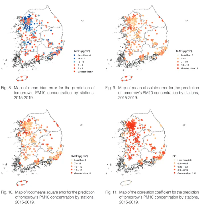 Fig. 10.  Map of root means square error for the prediction of tomorrow’s PM10 concentration by stations, 2015-2019.