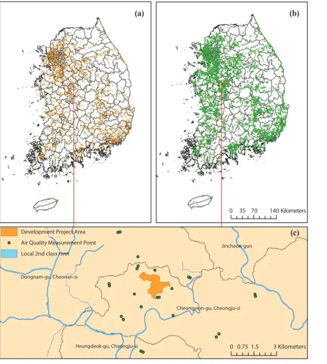 Fig. 2.  (a) Development Project Area and (b) Air Quality Mesurement Point in EIA Spatial Big Data, (c) Case study of 「Cheongju Ochang Technopolis General Industrial Complex Development」 Project.