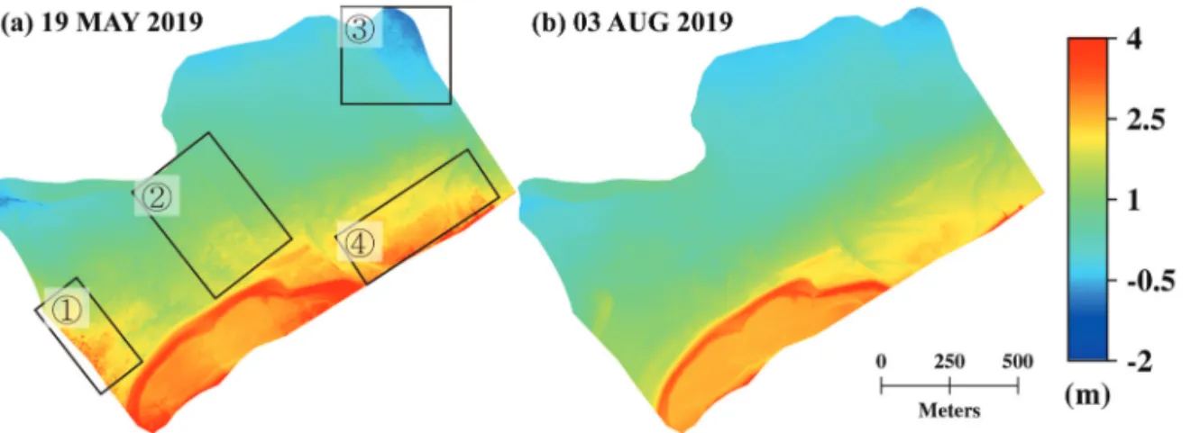 Fig. 5.  Topographic change of KM area. Black boxes area which numbered from ① to ④ show large difference