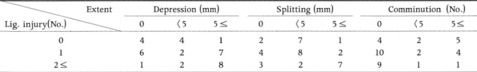 Table  2.  Ligamentous  Injury  Associated  with  Fracture  Extent  Depression (mm)  0  5 드  0  4  4  1  6  2  7  2 도  2  8  경골 고평부  골절은  고정된  슬관절에  수직 압박력과  더불어  외반  또는  내반  등의  외력에 의해 야기되며  Schulak  등은  다양  한 골절  양상을  일으키는  기전에  대한 가설을  기숭한  바  있다  (7)