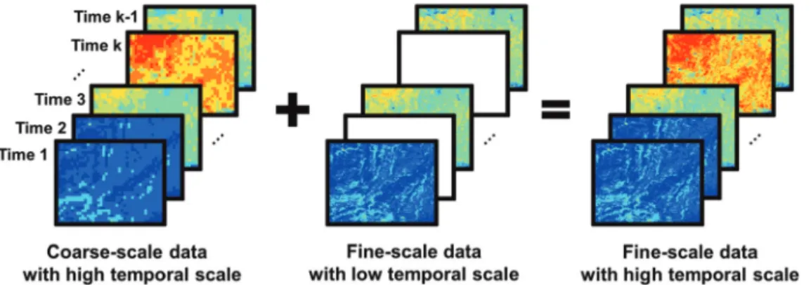 Fig. 1.  Schematic illustration of spatio-temporal data fusion. White rectangles denote no available data.