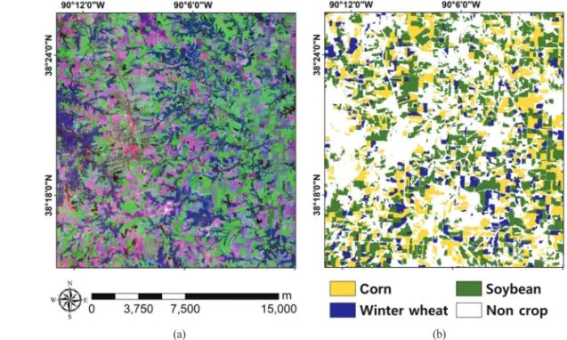 Table 1.  List of Landsat-8 OLI images used for crop classification Acquisition date March 7, 2017April 8, 2017May 27, 2017 September 15, 2017 October 17, 2017 Image size 673 by 633