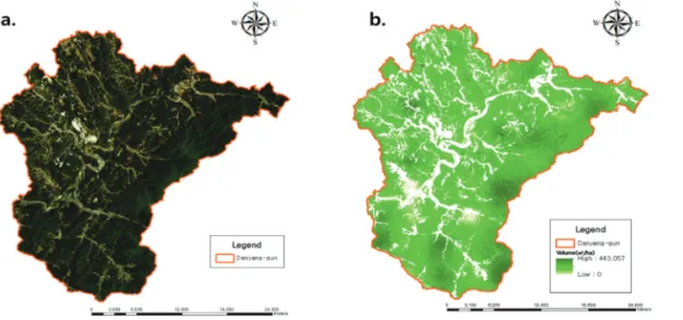 Fig. 6.  An example of forest volume estimation model using satellite images (a. satellite images in Danyang- Danyang-gun, b